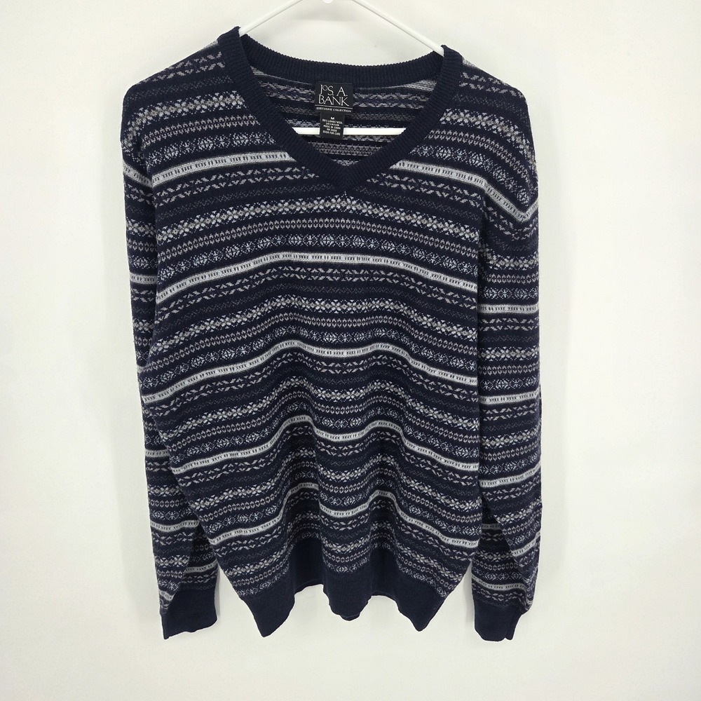 Jos A Bank Men's‎ Medium Fair Isle Lambs Wool Blend Crew Sweater Blue Stripe